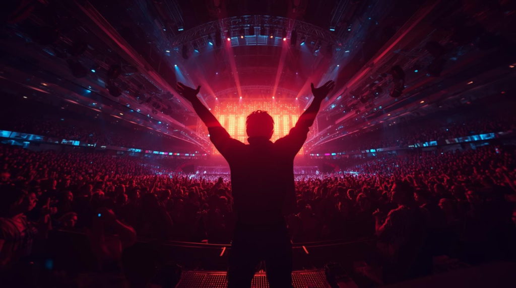 Talent isn’t the problem — visibility is. Photo of a music artist in front of a big crowd.