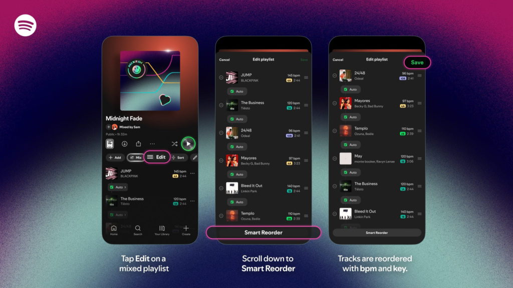 Level up your playlist transitions with smart reorder. Graphics showing the new feature.