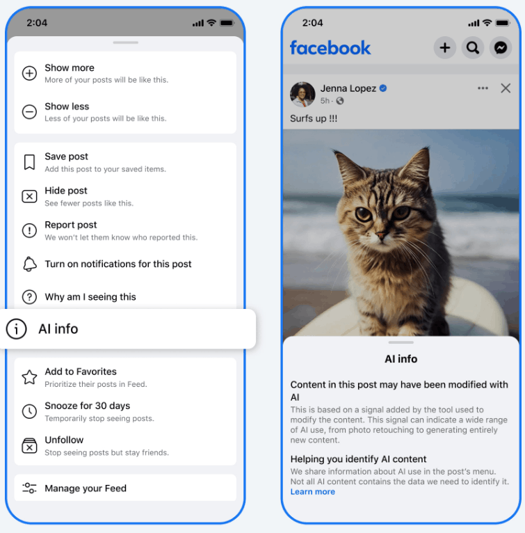 AI labels on social media: what artists need to know. Meta examples of cat made from AI.
