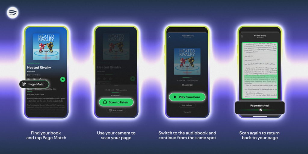 Spotify taps into the world of books with new features. Examples of Spotify's page finding feature.