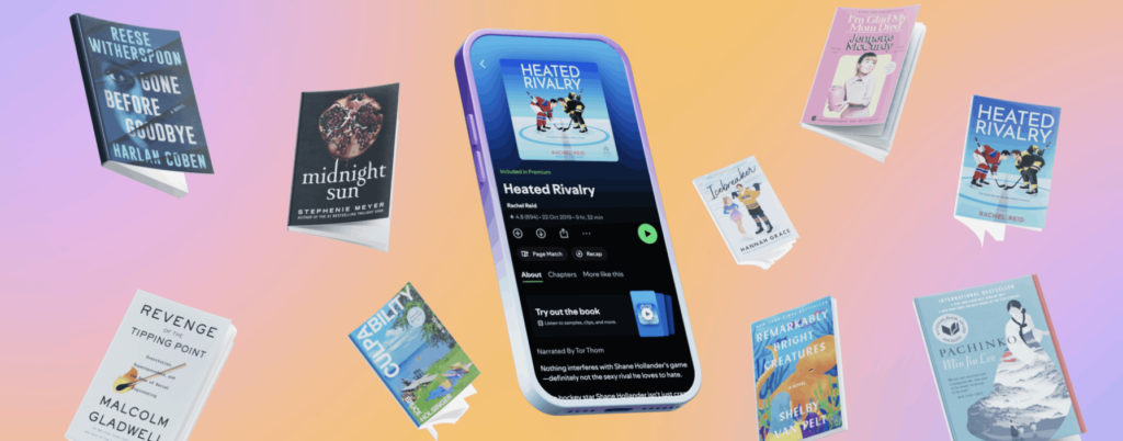 Spotify taps into the world of books with new features. Graphics showing various popular books 