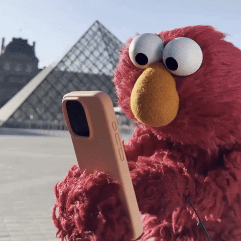 Focus on community, not followers. Elmo on a smartphone in front of The Louvre GIF.