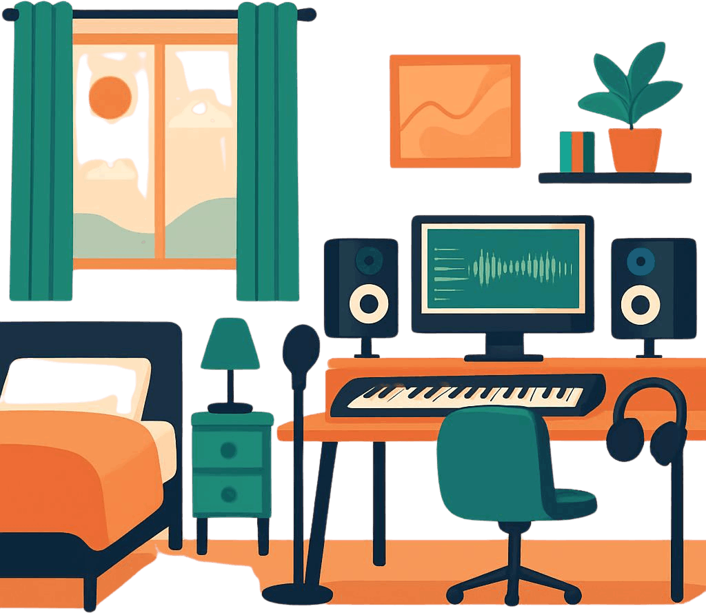 How to build a home studio on a £200 budget. Graphic of a studio bedroom setup.