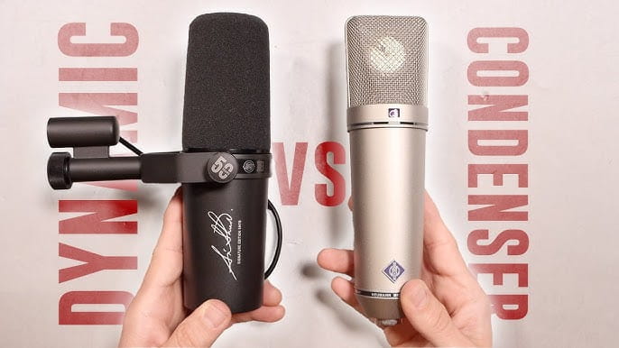 The difference between a dynamic and a condenser microphone. Photo of a dynamic mic next to a condenser one.