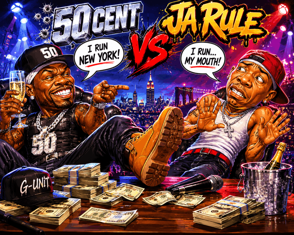 The greatest music feuds of the digital age: When pop stars go to internet war. 50 Cent vs. Ja Rule AI cartoon.