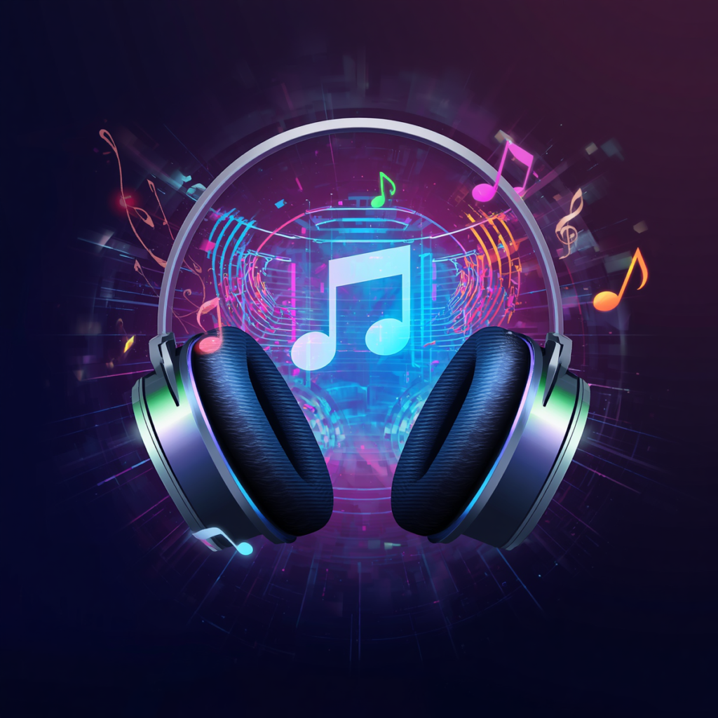 Best music streaming services compared. Graphic of headphones with lots of music notes.