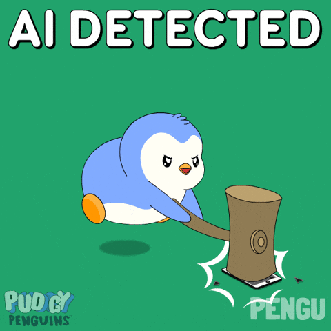 The AI revolution in songwriting: Collaboration or the death of authenticity? Penguin cartoon smashing a phone with a comment saying AI Detected GIF.