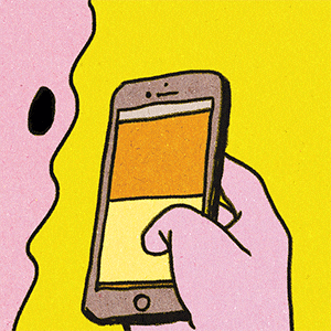 The endless loop: How to turn one single blog post into 15 social media assets. GIF of a cartoon scrolling on a phone.