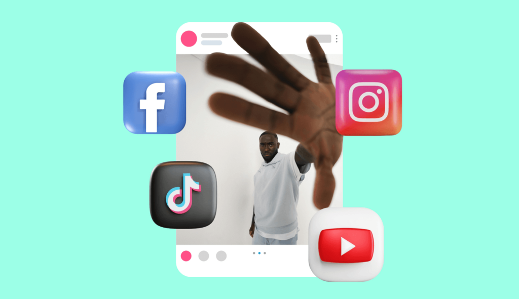 Finding your people: How new content creators can build a digital community. Graphic of social media platforms with a person on the screen reaching a hand out.