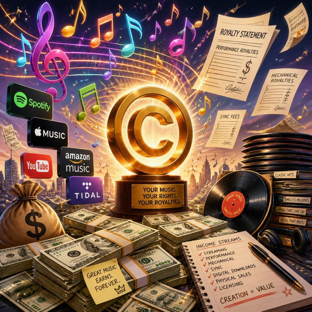 Who owns your music? A guide to copyright, royalties, and performing rights organizations. Graphic showing music royalties.