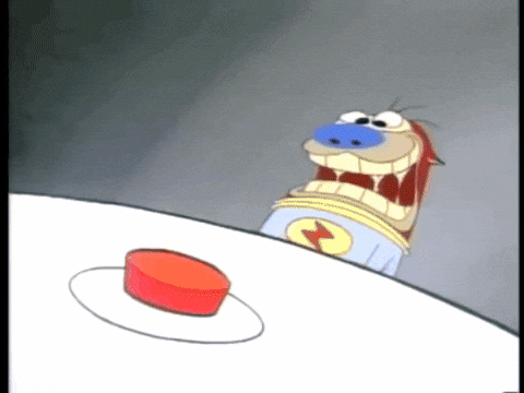 Overcoming 'poster’s anxiety': how to get past the fear of pressing publish. Cartoon pressing red button GIF.