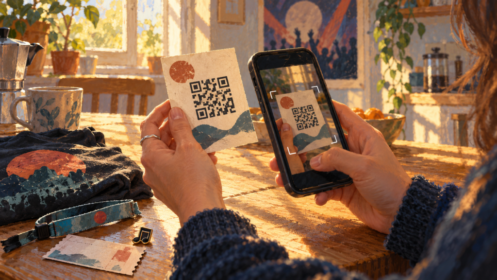 A merch table QR code page for the morning after a gig. Graphic of a person holding a card and scanning the QR code on it on their smartphone.