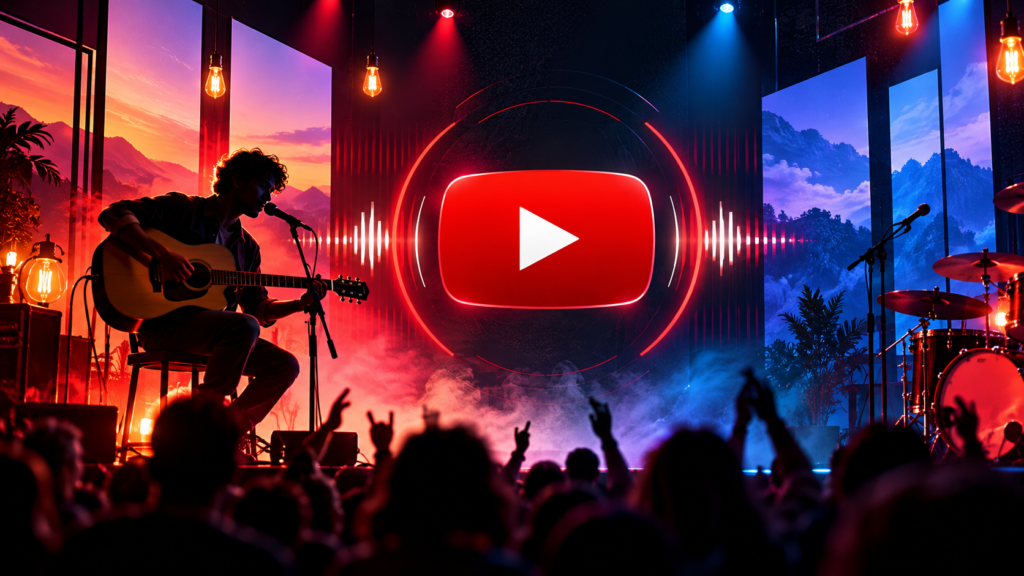 A music landing page template for YouTube live sessions. YouTube logo against a man singing on stage to audience.