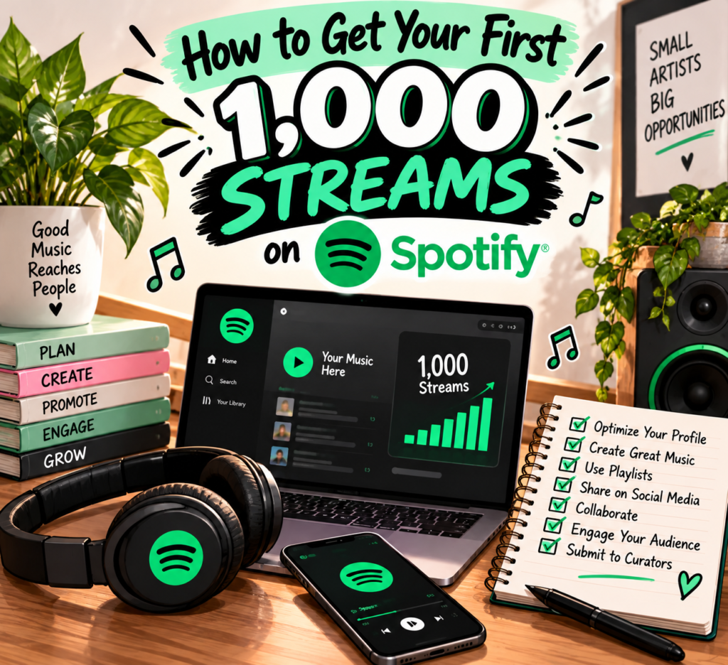 How to get your first 1,000 streams on Spotify. Graphic of Spotify with streams.