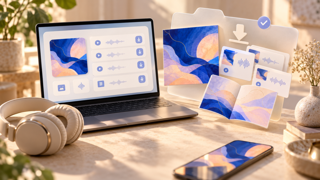 How to package a digital EP bundle fans can actually use. Graphic of a laptop and digital audio files.