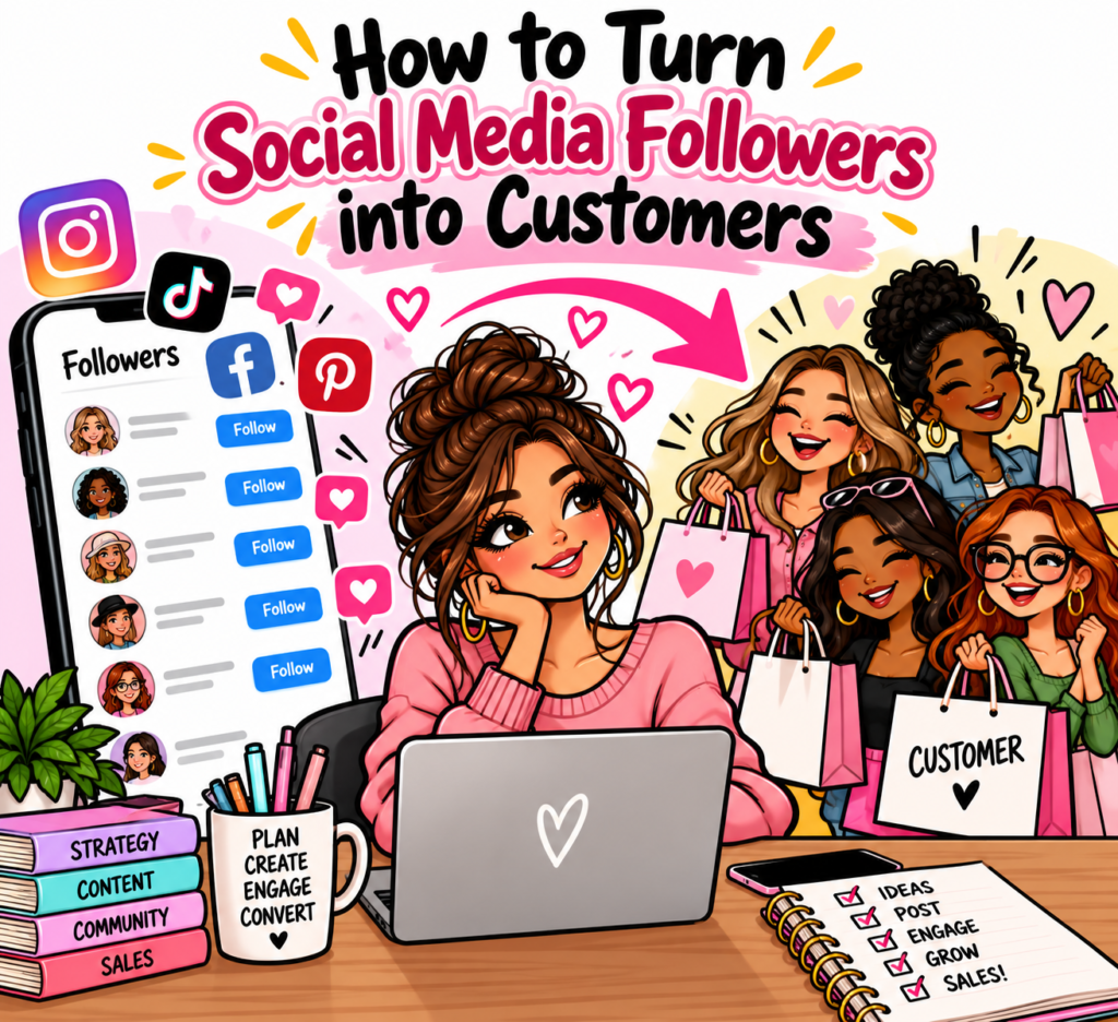 How to turn social media followers into customers. Graphic of a cartoon girl with her following on a phone and a group of customers next to it.