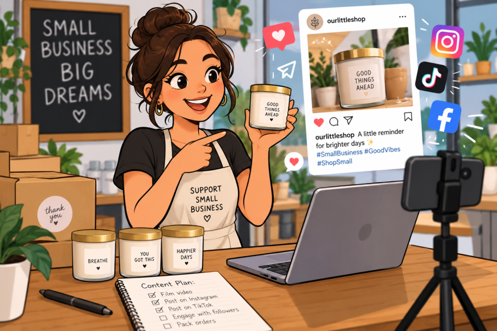 Where to begin as a small business on social media. Cartoon graphic of a small business owner showing off her candles and showing her social media post promoting them.