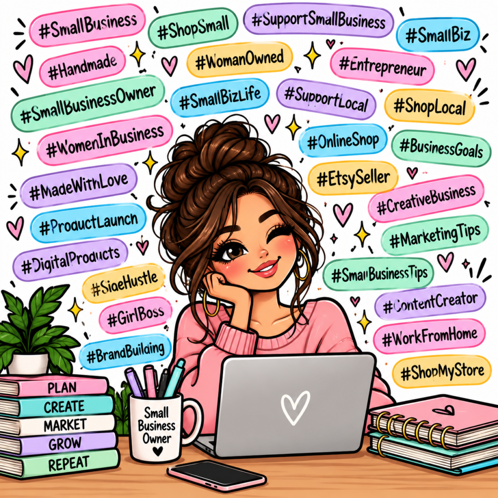 How to use hashtags as a small business. Cartoon graphic of a small business owner woman sat at her desk with so many hashtags surrounding her.