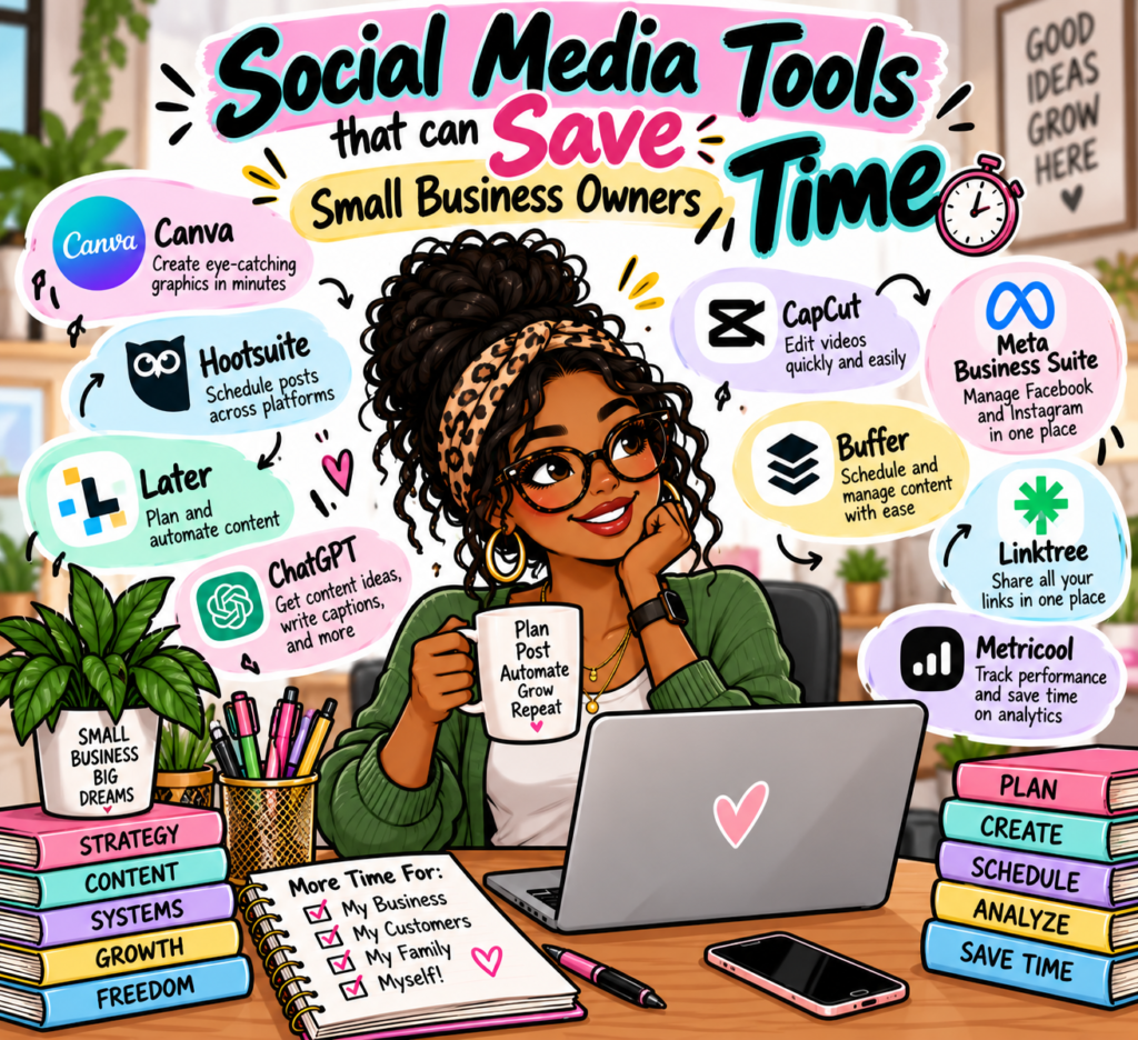 Social media tools that can save small business owners time. Girl at her desk surrounded by marketing platforms.