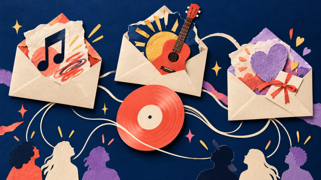 Three music release emails for fans who have already heard your single. Graphic of music instruments.